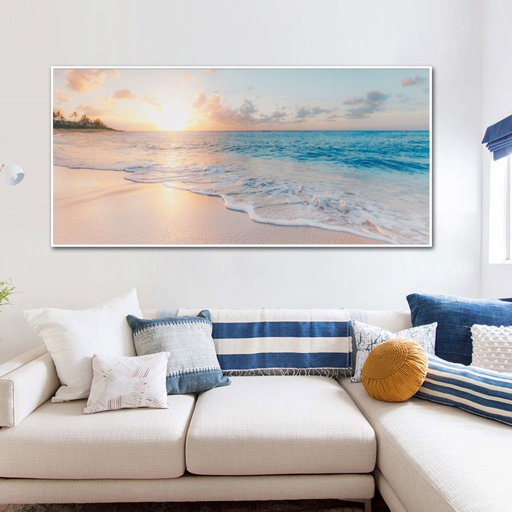 Beautiful Beach Morning White Framed Canvas 60cmx120cm