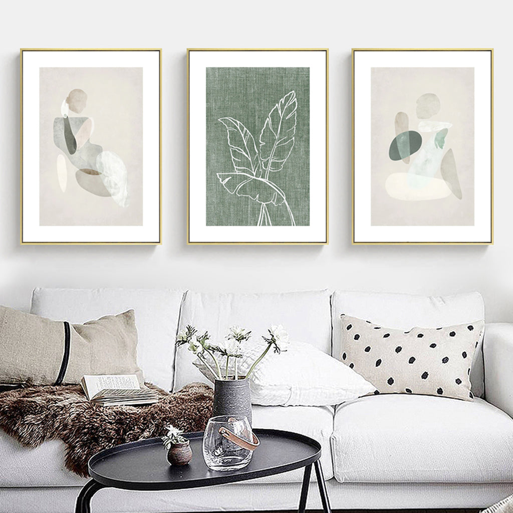 Looking At Leaves Abstract Set Of 3 Gold Frame Canvas 50cmx70cm