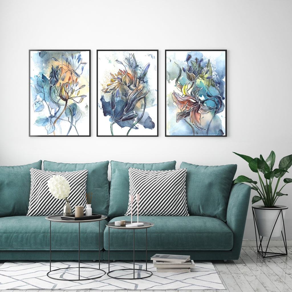 Moody Floral Impression Set Of 3 Black Framed Canvas 40cmx60cm