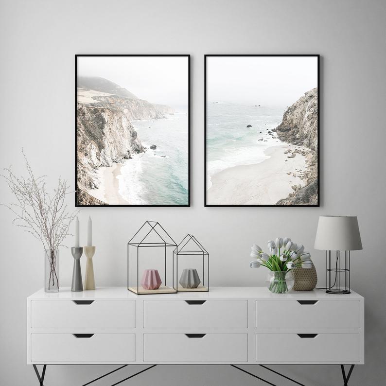 Where The Mountains Meet The Sea - Set of 2 Black Frame Canvas Wall Art 50cmx70cm