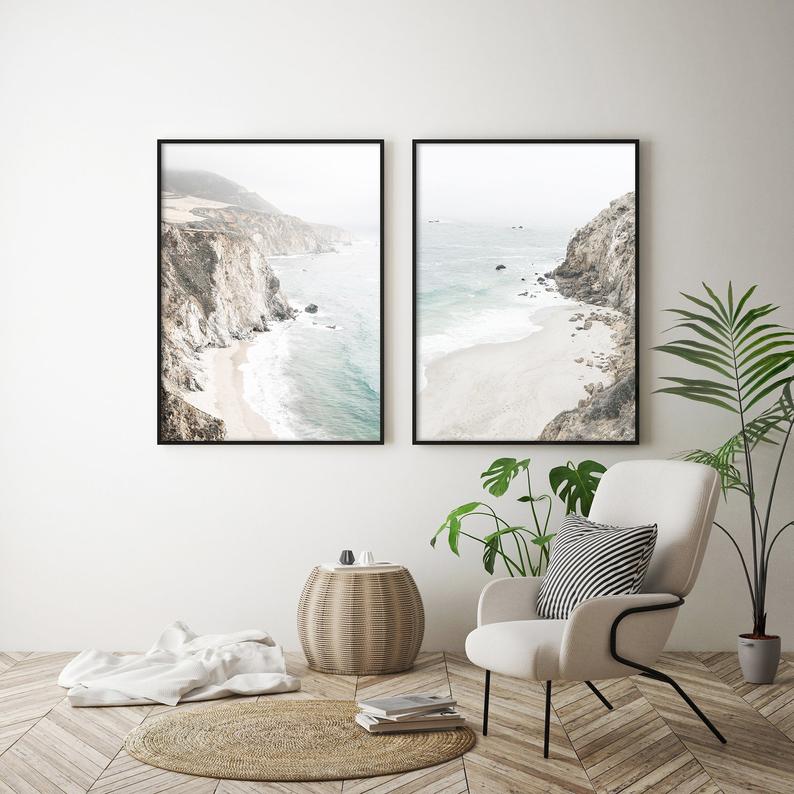 Where The Mountains Meet The Sea - Set of 2 Black Frame Canvas Wall Art 50cmx70cm