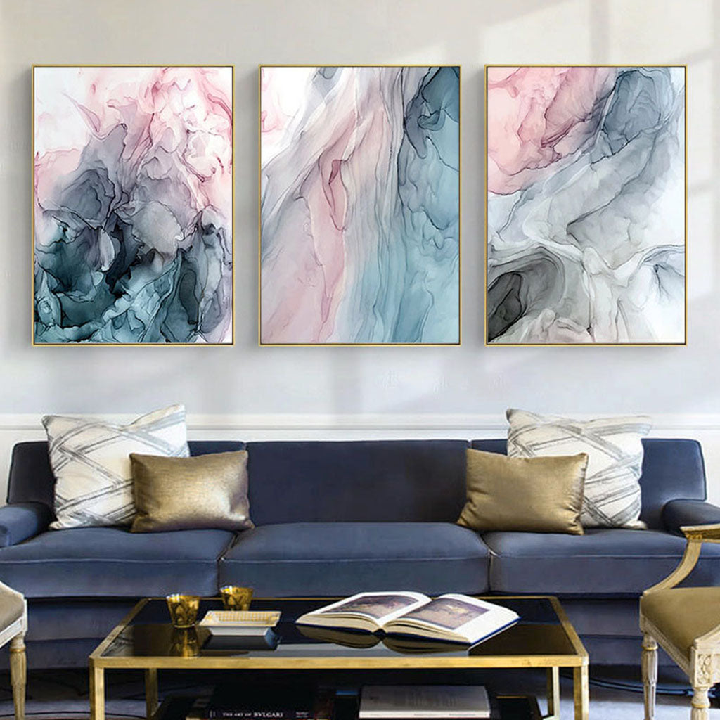 What Do YOU See In The Ink? Abstract Set of 3 Gold Framed Canva 60cmx90cm