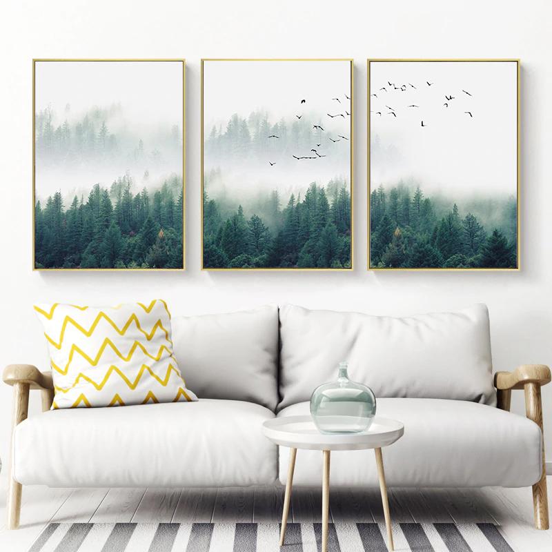 Forest of Mist-ery - Set of 3 Gold Frame Canvas Wall Art 40cmx60cm