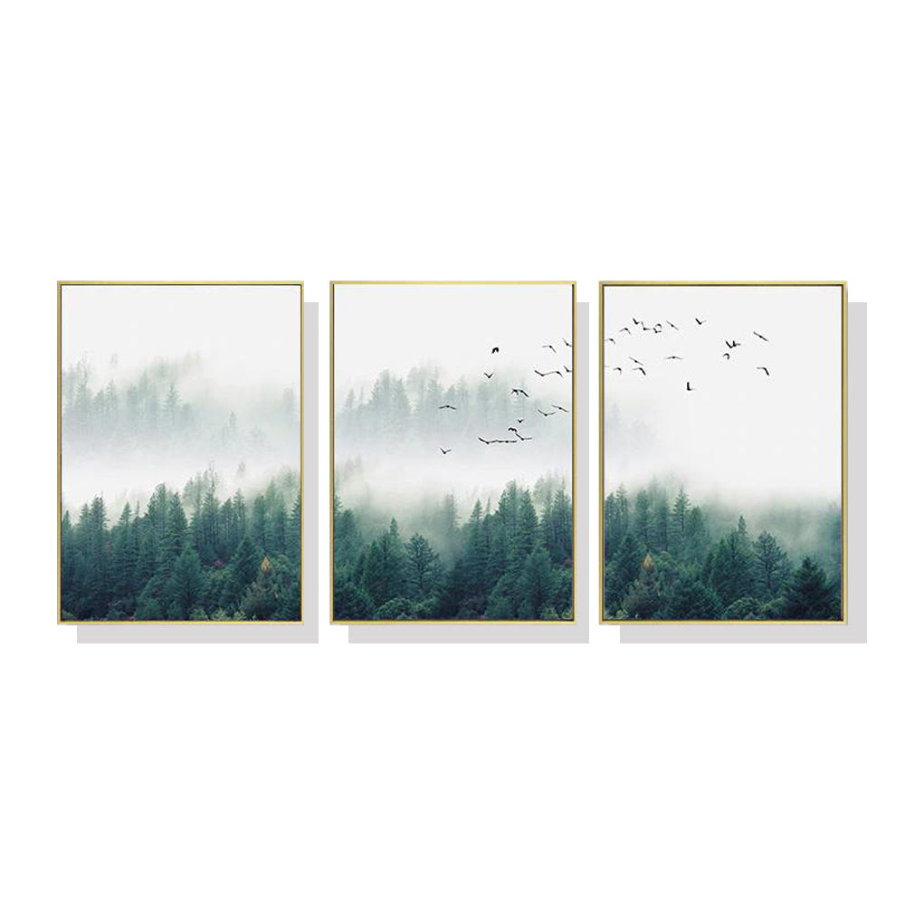 Forest of Mist-ery - Set of 3 Gold Frame Canvas Wall Art 40cmx60cm