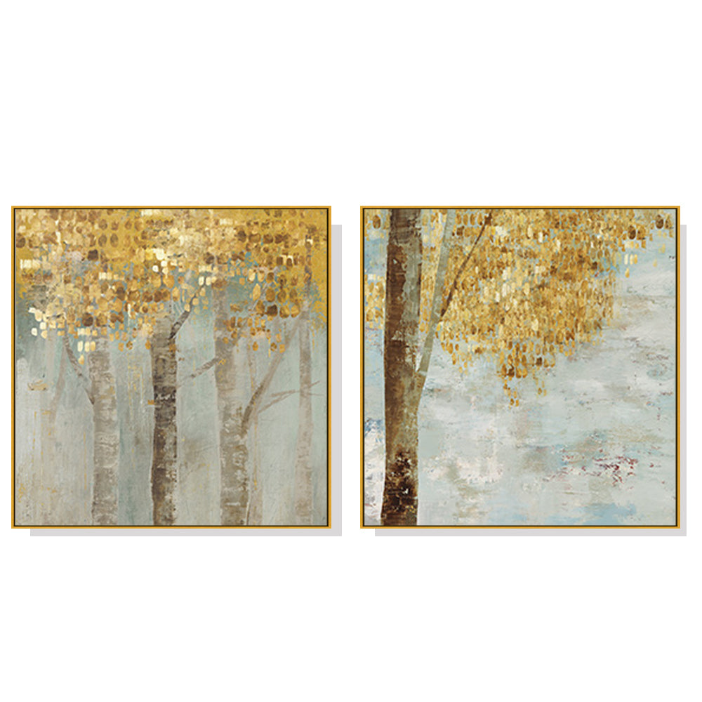 Autumnal Trees Set Of 2 Gold Framed Canvas Wall Art 70cmx70cm