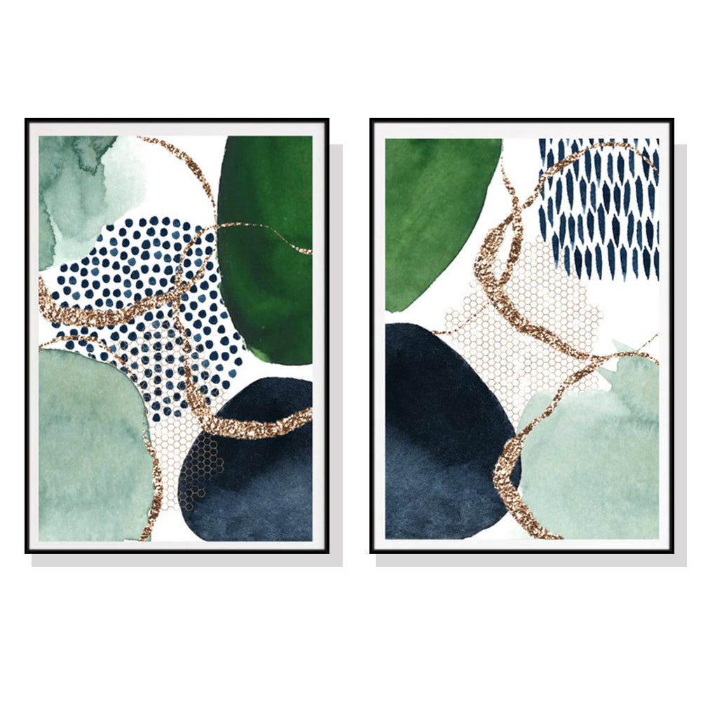 Golden Green Geometry Set Of 2 Black Framed Canvas 70cmx100cm