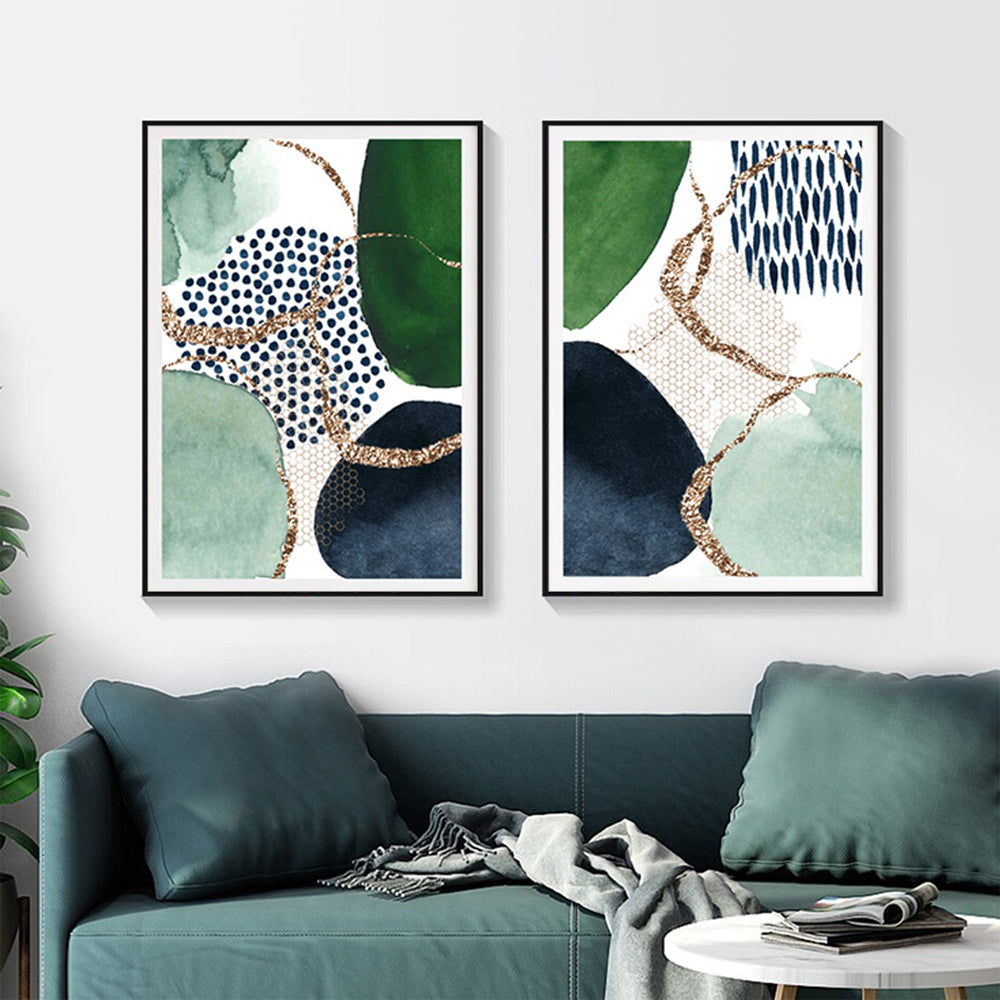 Golden Green Geometry Set Of 2 Black Framed Canvas 70cmx100cm