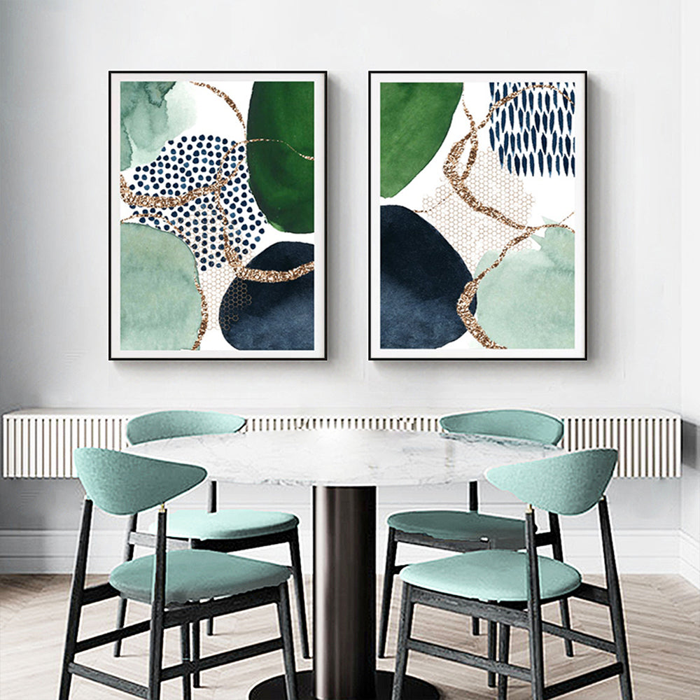 Golden Green Geometry Set Of 2 Black Framed Canvas 70cmx100cm