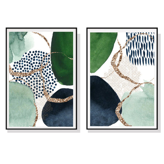 Golden Green Geometry Set Of 2 Black Framed Canvas 100cmx150cm