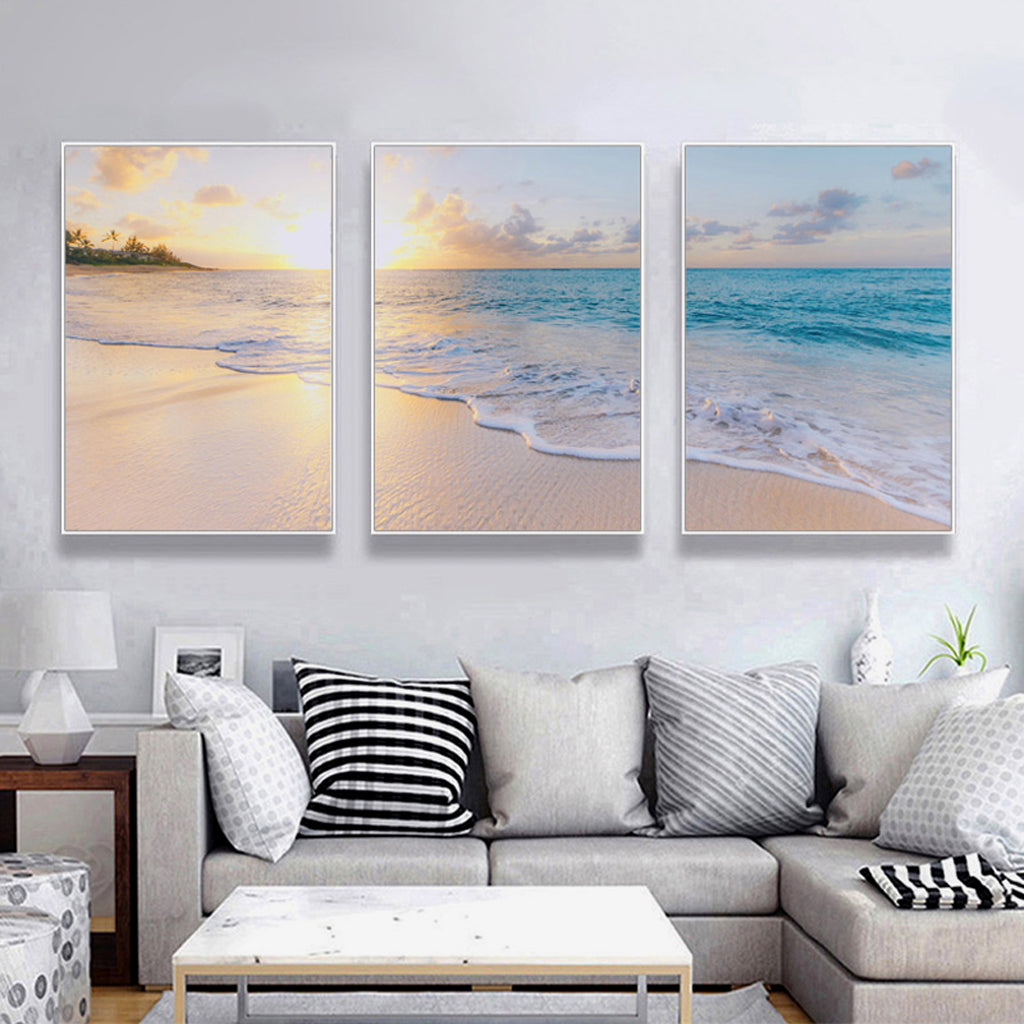 Sunshine On An Ocean Day Set Of 3 White Framed Canvas 70cmx100cm