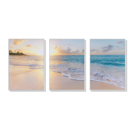 Sunrise On An Ocean Day Set Of 3 White Framed Canvas 80cmx120cm