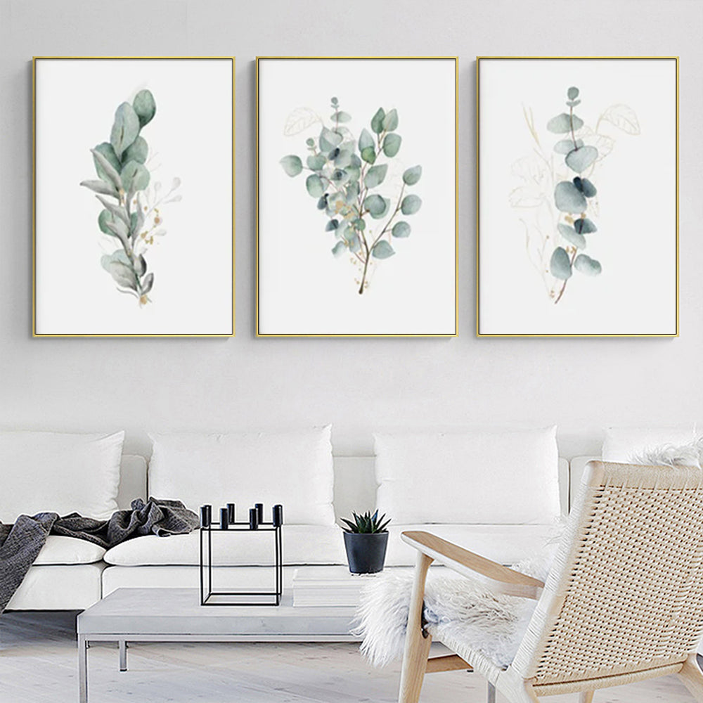 Australian Gum Leaves Set Of 3 Gold Framed Canvas 70cmx100cm