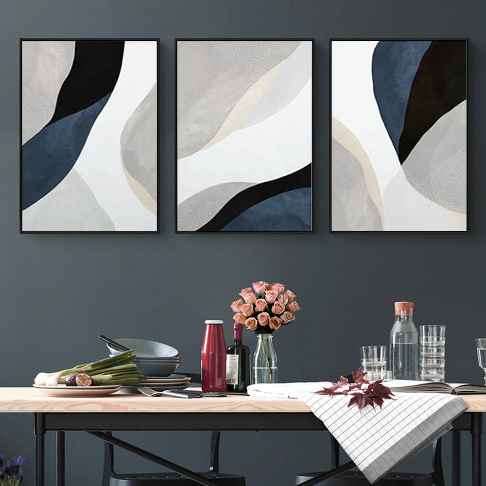 Undulating Pathways Set Of 3 Black Framed Canvas 90cmx135cm