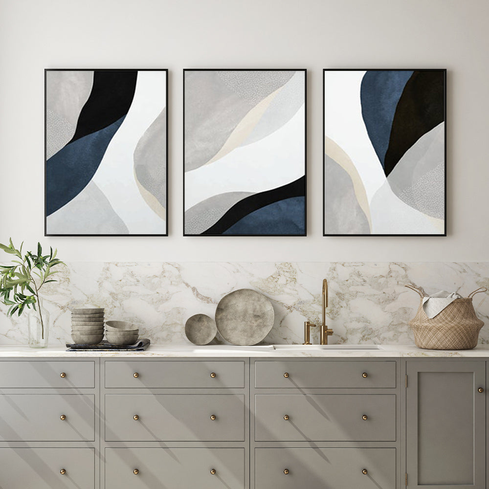 Undulating Pathways Set Of 3 Black Framed Canvas 90cmx135cm