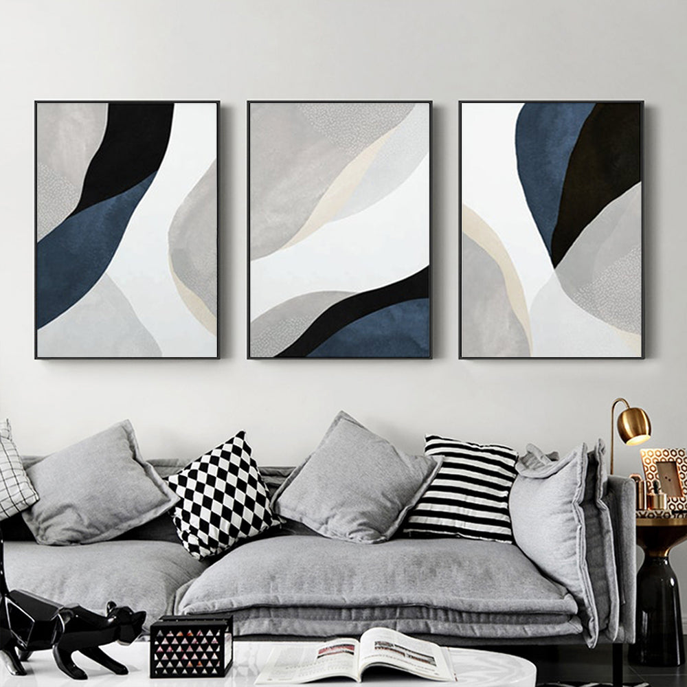 Undulating Pathways Set Of 3 Black Framed Canvas 100cmx150cm