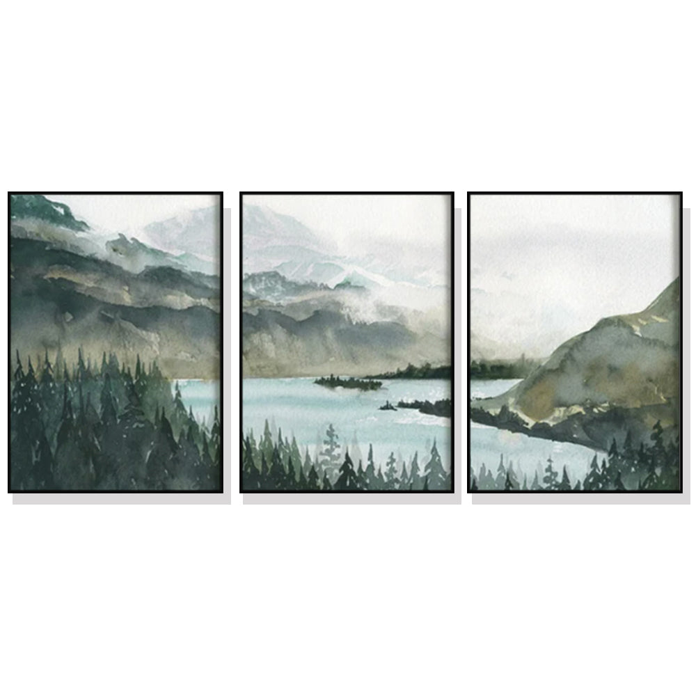 Stunning Mountain Lake Set Of 3 Black Framed Canvas 70cmx100cm