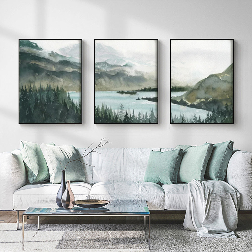 Stunning Mountain Lake Set Of 3 Black Framed Canvas 60cmx90cm