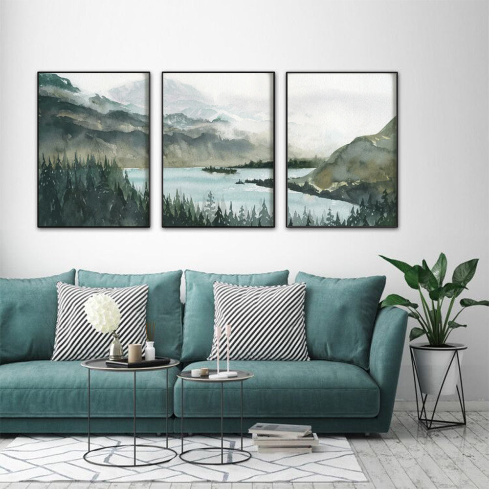 Stunning Mountain Lake Set Of 3 Black Framed Canvas 60cmx90cm