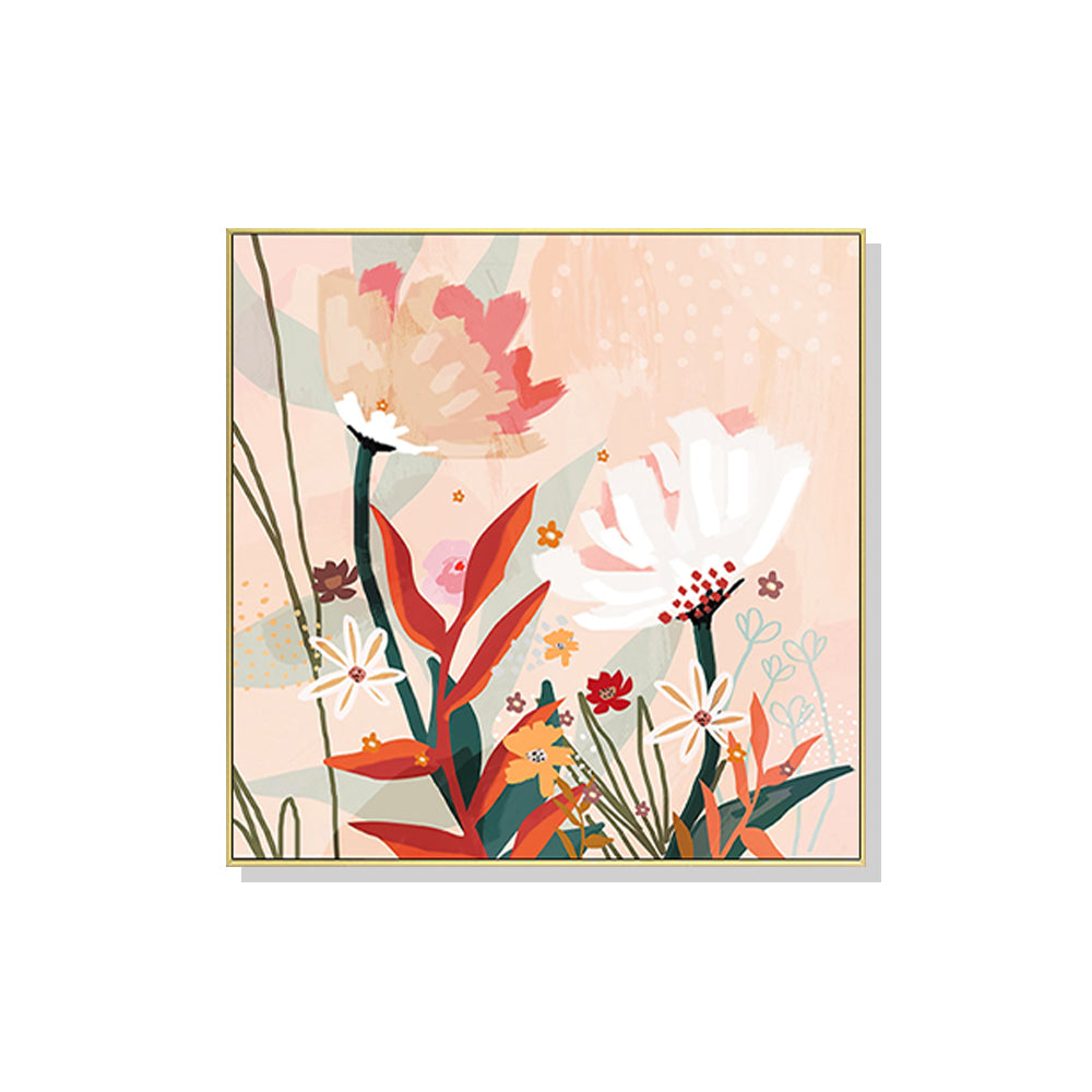 Flowers Blooming Gold Framed Canvas 90cmx90cm