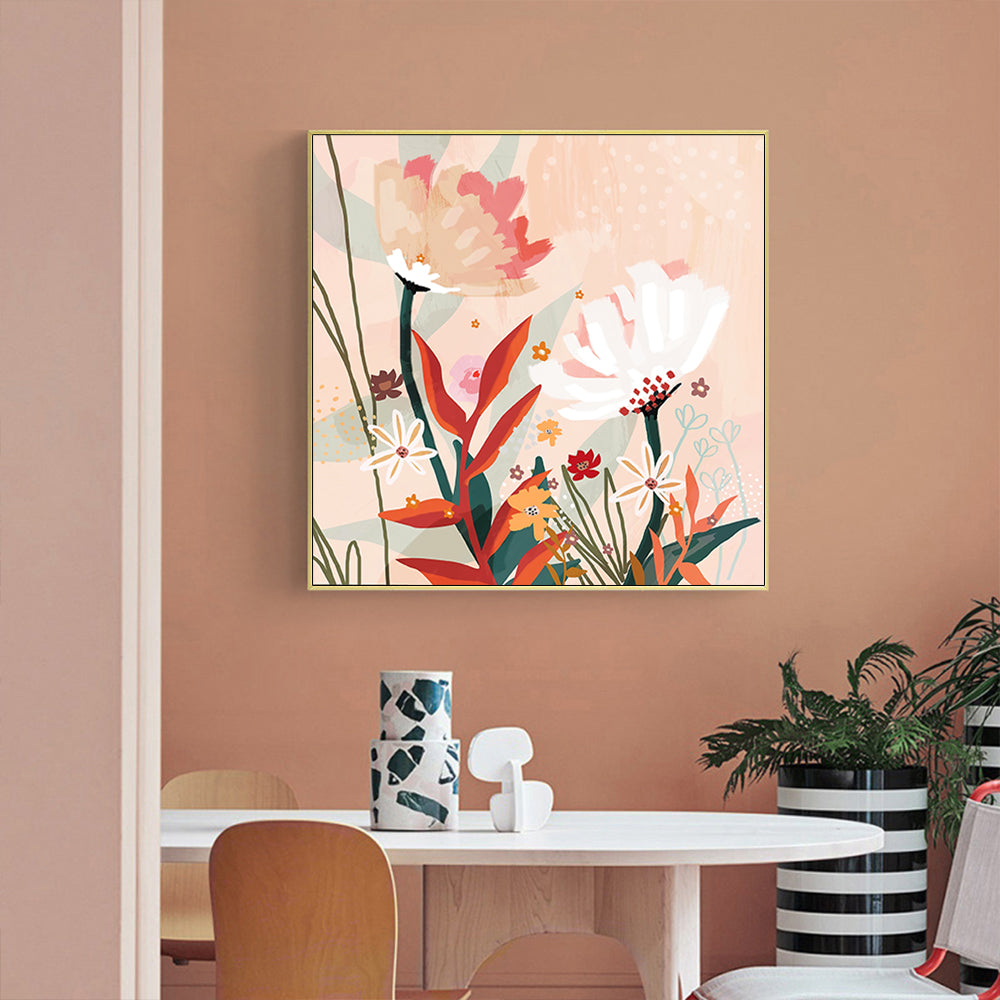 Flowers Blooming Gold Framed Canvas 90cmx90cm