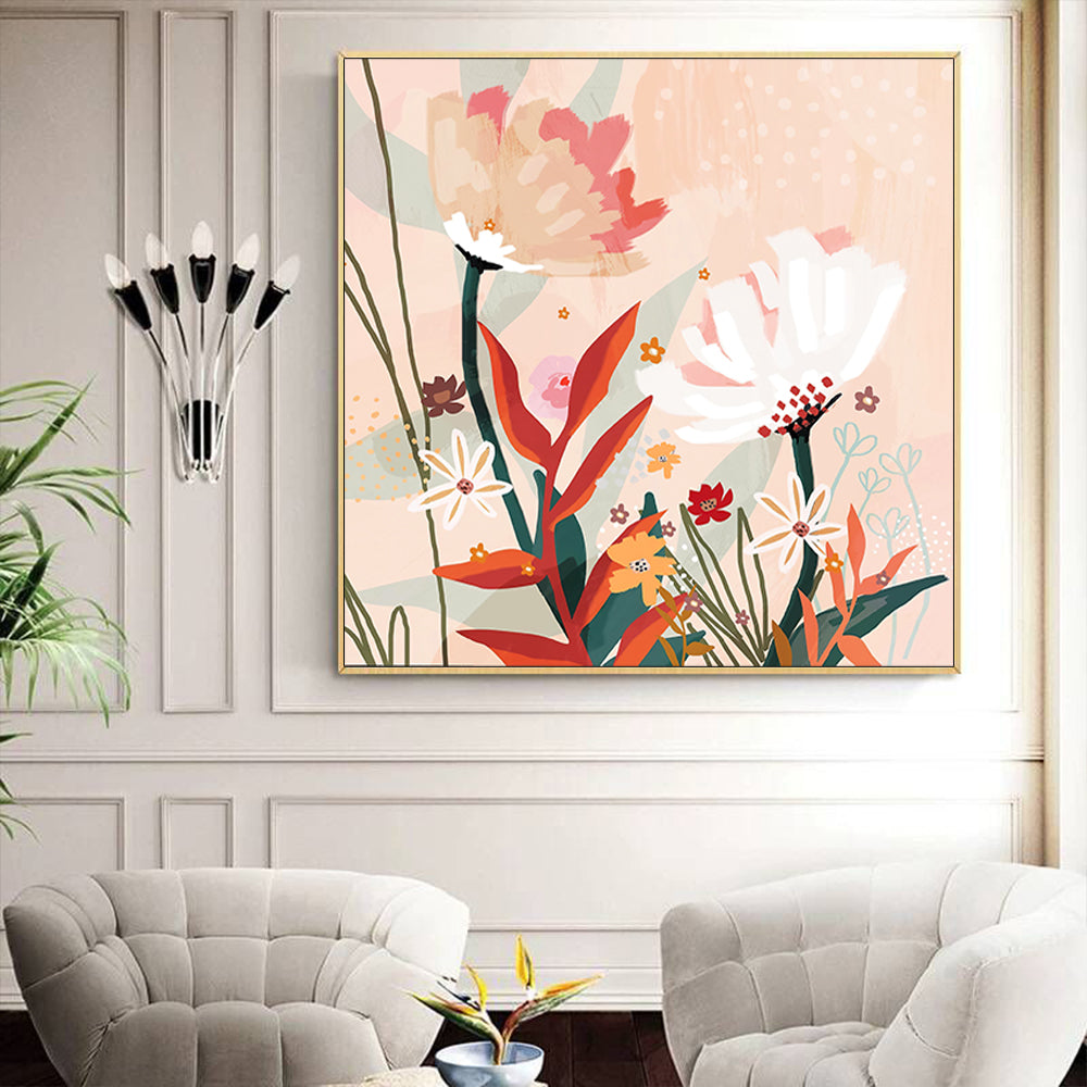 Flowers Blooming Gold Framed Canvas 90cmx90cm