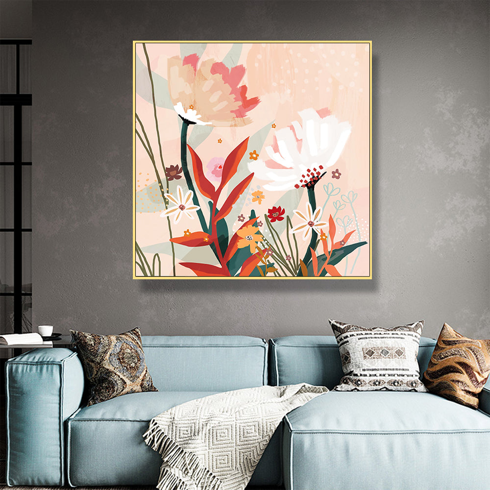 Flowers Blooming Gold Framed Canvas 90cmx90cm