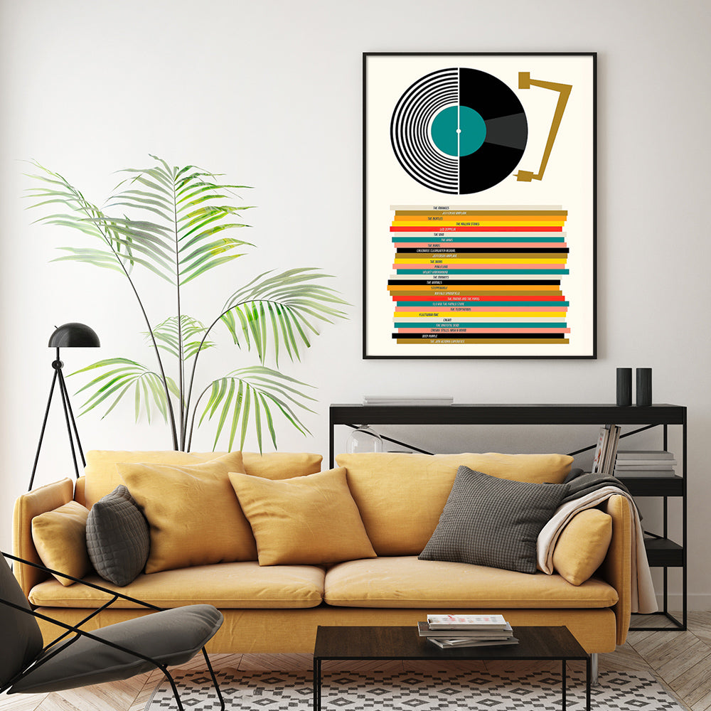 Record Tunes Black Framed Canvas 100cmx150cm