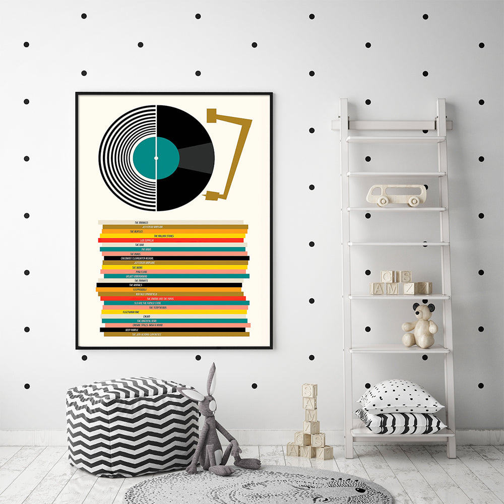 Record Tunes Black Framed Canvas 100cmx150cm