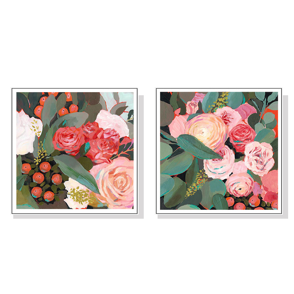 Beautiful Roses With Native Greenery White Framed Canvas 100cmx100cm