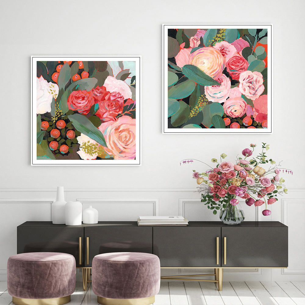 Beautiful Roses With Native Greenery White Framed Canvas 100cmx100cm