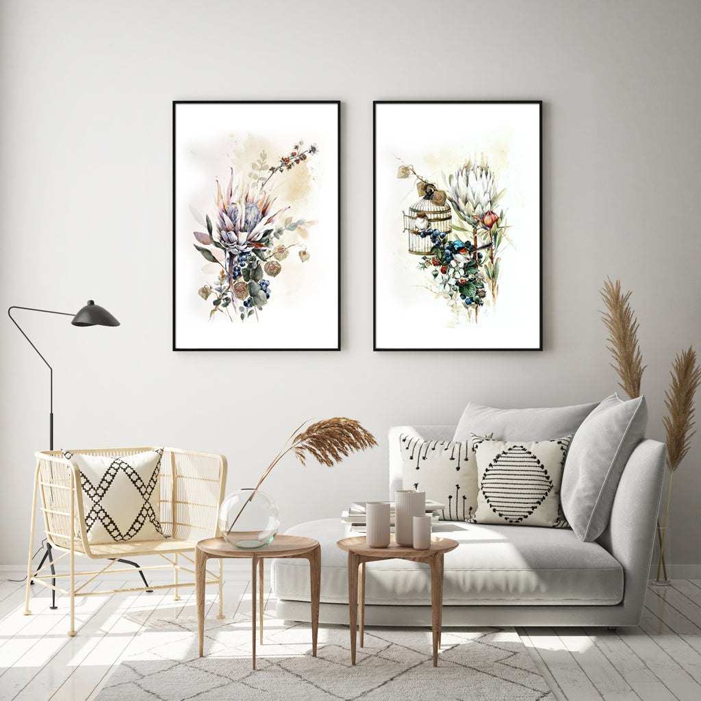 Flowering Sugerbushes Set Of 2 Black Framed Canvas 50cmx70cm