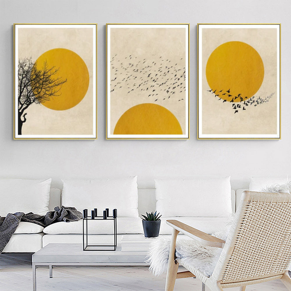 We Follow the Sun Set Of 3 Gold Framed Canvas 50cmx70cm