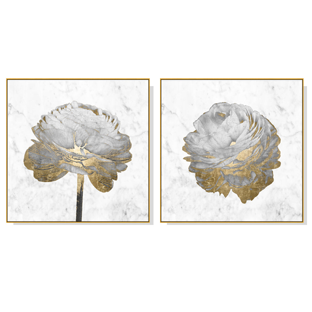 Golden Blooms On White Set Of 2 Gold Framed Canvas 90cmx90cm