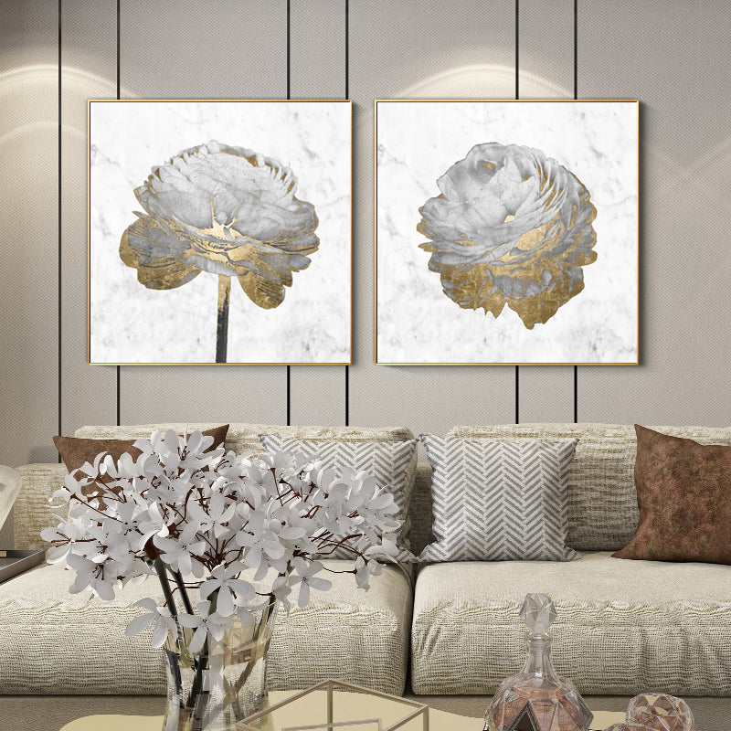 Golden Blooms On White Set Of 2 Gold Framed Canvas 90cmx90cm