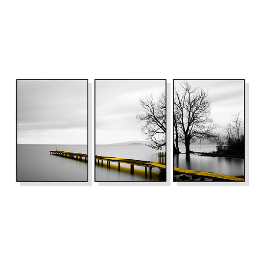 Golden Jetty On A Dark Day Set Of 3 Black Framed Canvas 70cmx100cm