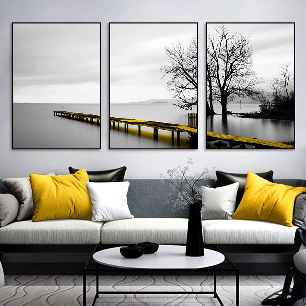 Golden Jetty On A Dark Day Set Of 3 Black Framed Canvas 70cmx100cm