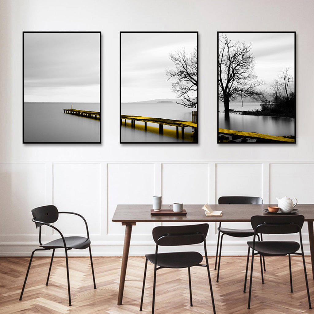 Golden Jetty On A Dark Day Set Of 3 Black Framed Canvas 70cmx100cm