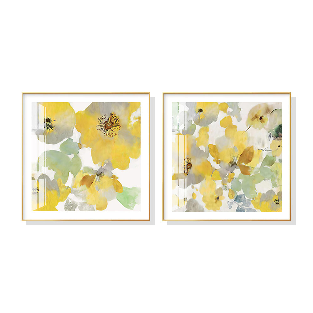 Efflorescent Golden Blooms Set Of 2 Gold Framed Canvas 80cmx80cm