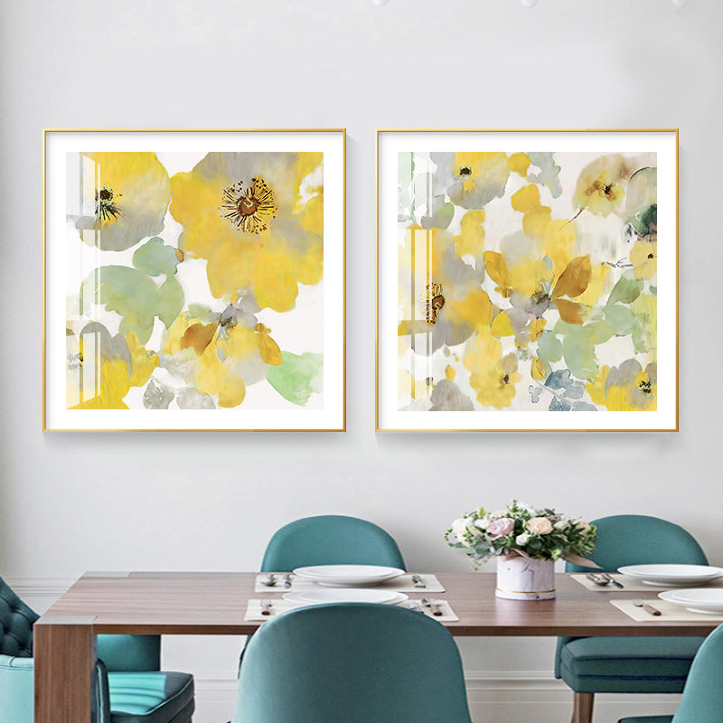 Efflorescent Golden Blooms Set Of 2 Gold Framed Canvas 80cmx80cm