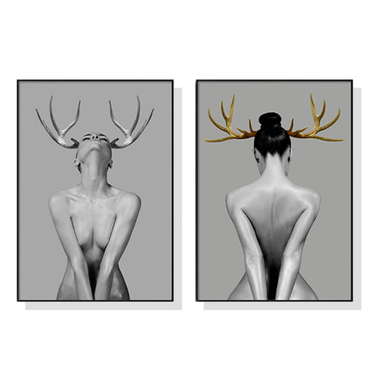 Feminine Stag Set Of 2 Black Framed Canvas 0cmx120cm