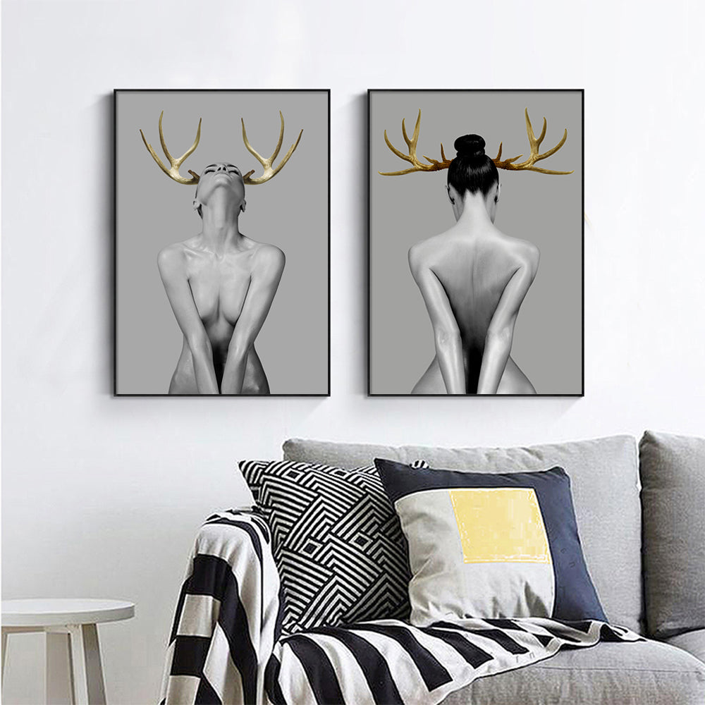 Feminine Stag Set Of 2 Black Framed Canvas 0cmx120cm