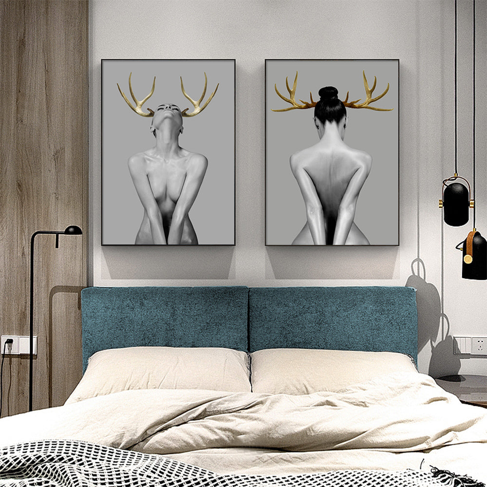 Feminine Stag Set Of 2 Black Framed Canvas 0cmx120cm