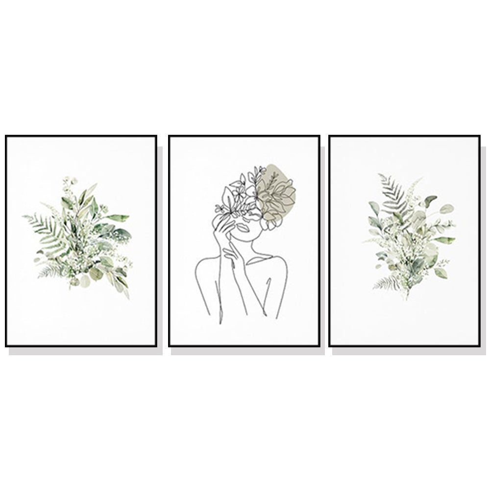 Lady Amongst The Leaves Set Of 3 Black Framed Canvas 70cmx100cm