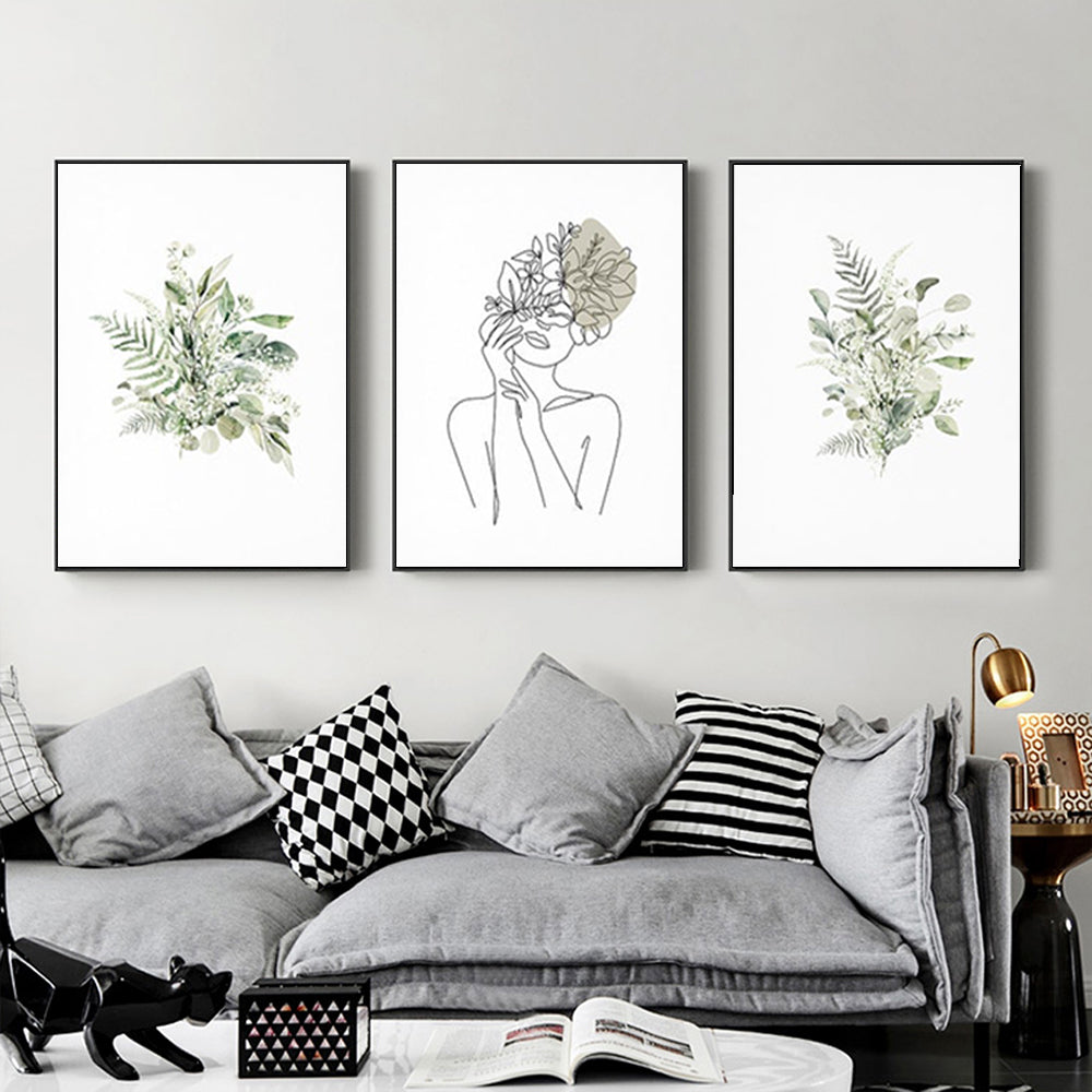 Lady Amongst The Leaves Set Of 3 Black Framed Canvas 70cmx100cm