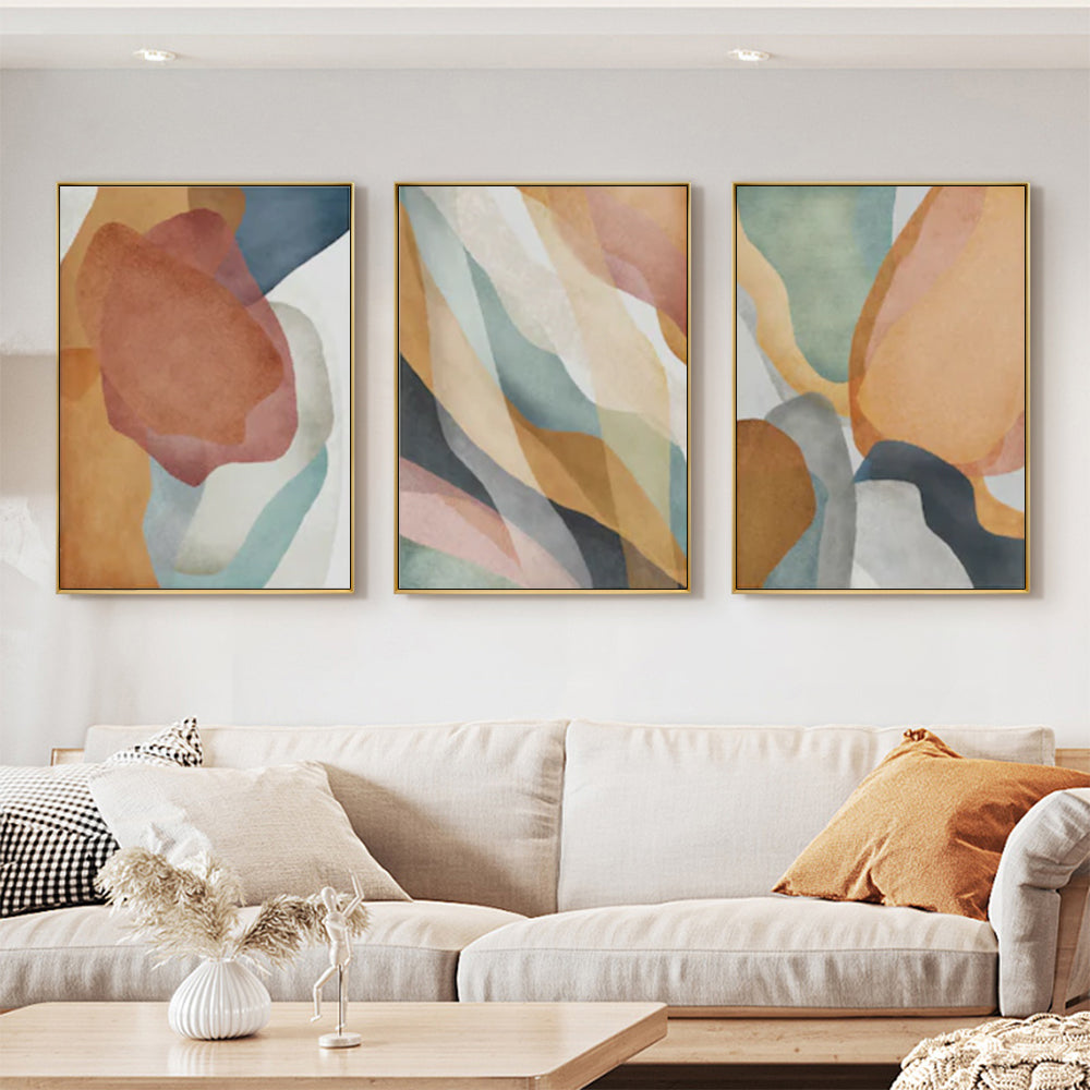 Earthy Abstract Hues Set Of 3 Gold Framed Canvas 40cmx60cm