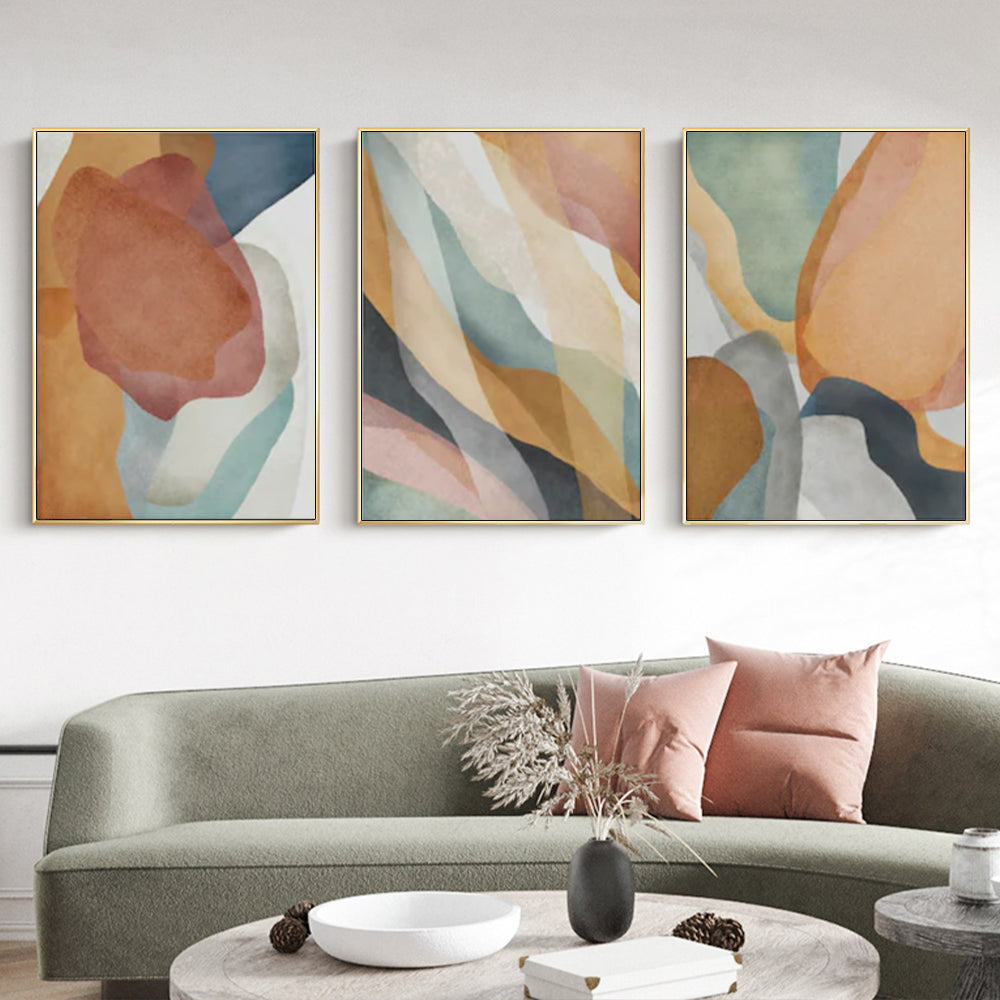 Earthy Abstract Hues Set Of 3 Gold Framed Canvas 40cmx60cm