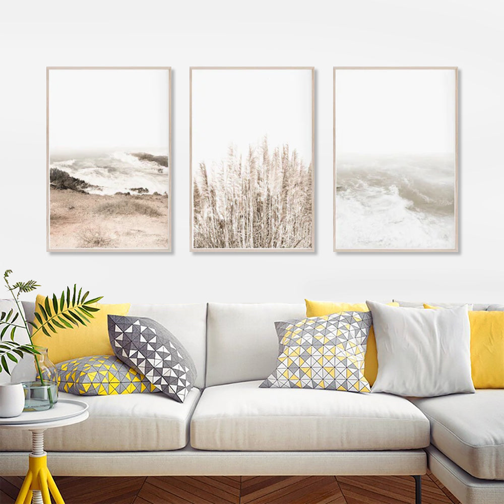 Stormy Seas & Seaside Grasses Set Of 3 Wood Framed Canvas 80cmx120cm