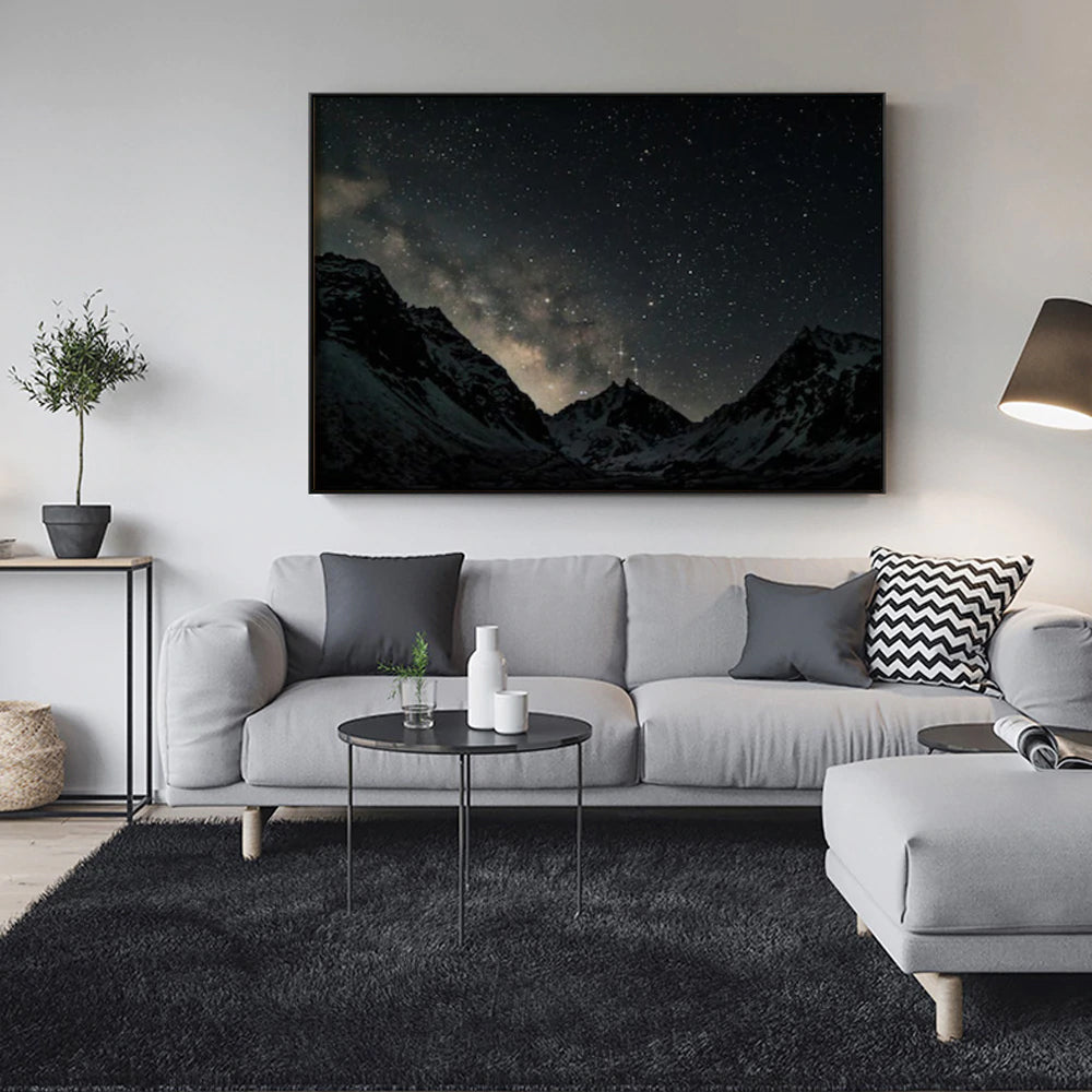 Starlit Mountain Peaks Black Framed Canvas 100cmx150cm