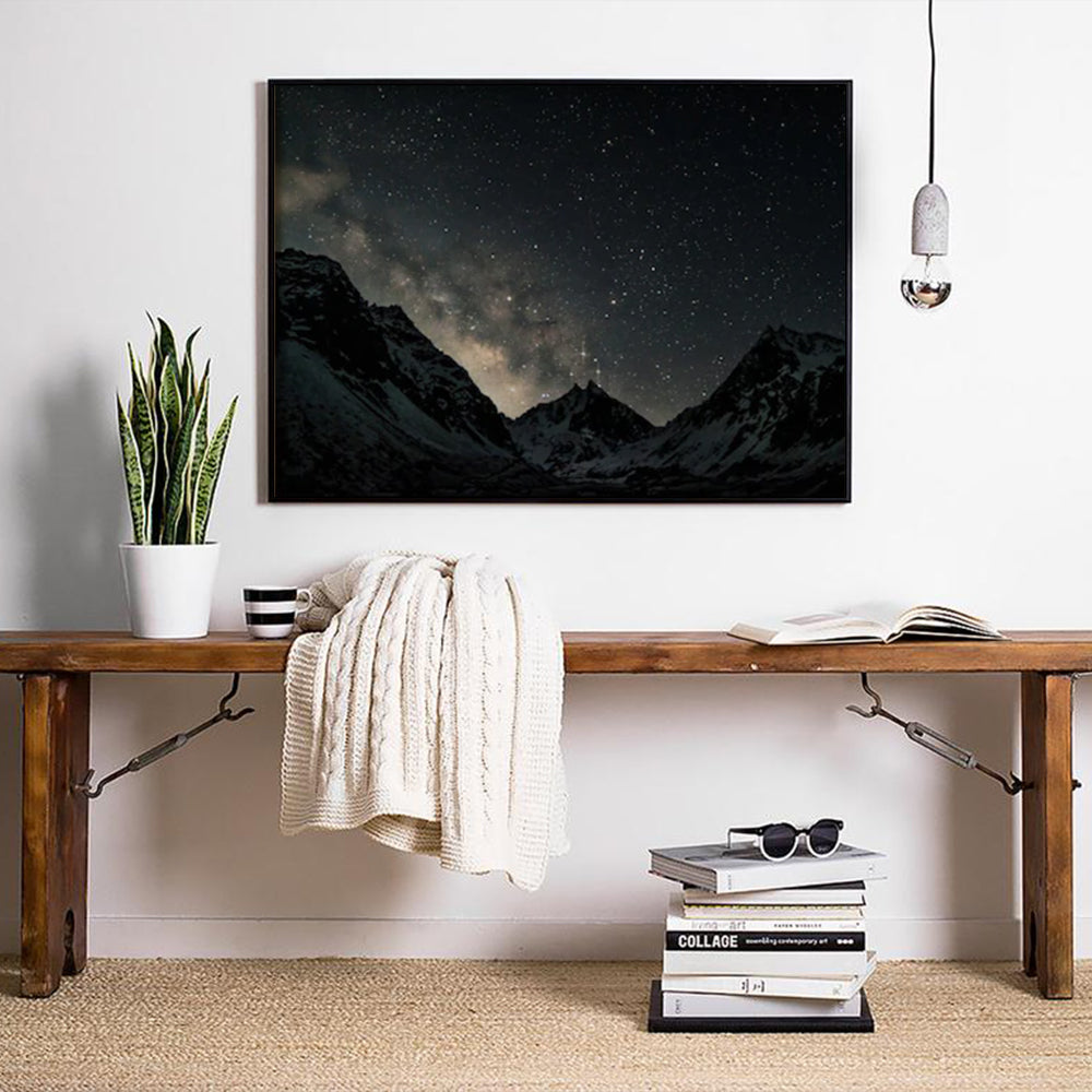 Starlit Mountain Peaks Black Framed Canvas 100cmx150cm