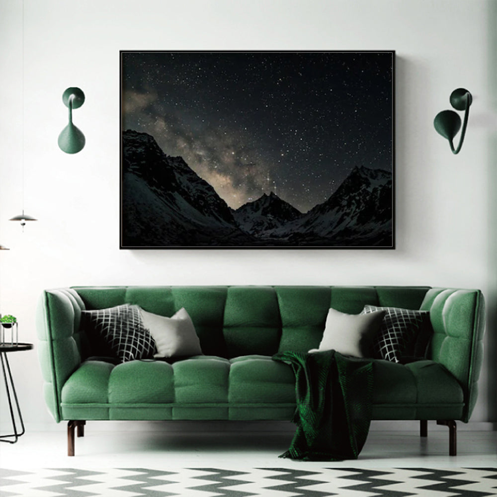 Starlit Mountain Peaks Black Framed Canvas 100cmx150cm